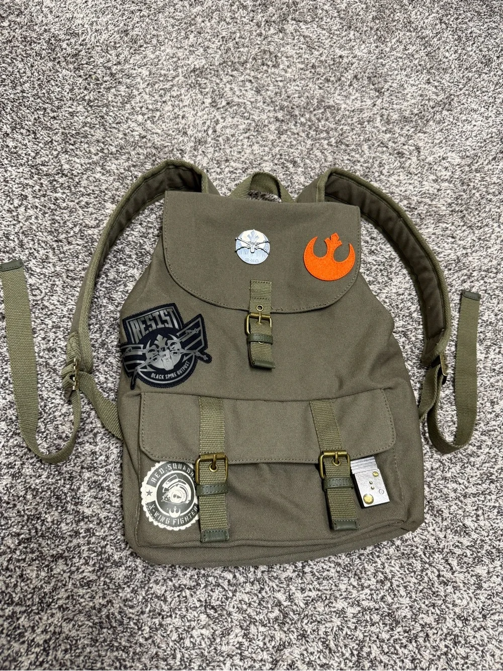 Disney Star Wars Olive Green Canvas Backpack with Patch Details NWT